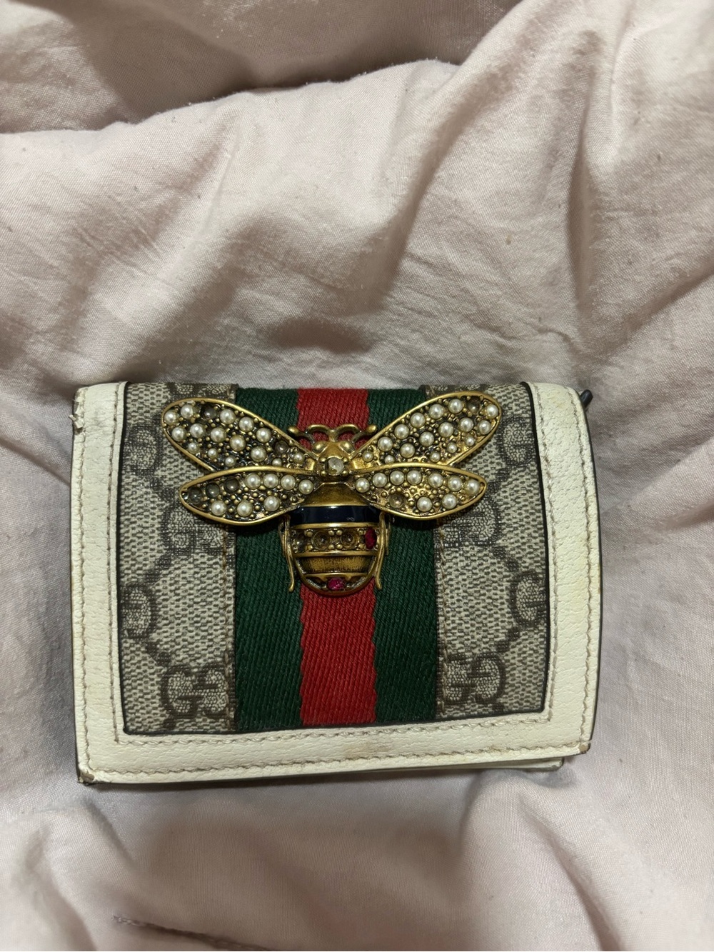 Gucci Pearl Bee Small Wallet in Beige with Green and Red Stripe